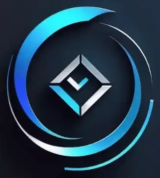 A futuristic logo for Captivation Suite, featuring abstract shapes and a minimalist design in metallic blues, silver, and vibrant neon hues, representing innovation, cutting-edge AI technology, and a modern aesthetic.